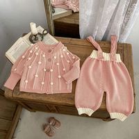 Nuevo Conjunto de Punto para Bebé con Pompones, 100% Algodón, Pantalones con Tirantes, Cárdigan, Conjuntos para Niños Pequeños, Personalizado