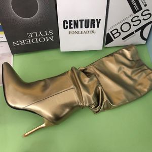 Bottes plissées sexy pour femmes, en cuir doré, à talon aiguille, hauteur genou, pour l'automne - Product Image 6