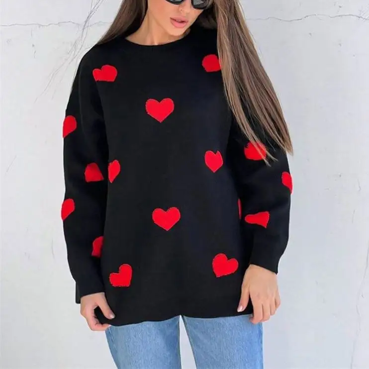 2024 otoño moda Casual suéter suelto dulce bordado tejido mujer pulóver suéteres Tops corazón suéteres