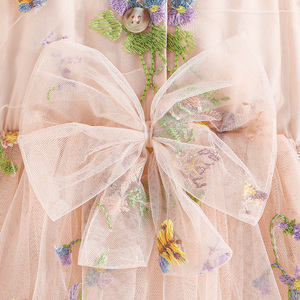 Robe brodée en maille florale exquise pour filles, style petite princesse élégante et mignonne, vêtements pour enfants, manches bouffantes, nœuds - Product Image 5