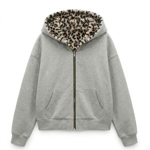 Felpa con Cappuccio Reversibile a Doppio Strato con Cerniera, Stampa Leopardata, 100% Cotone, per Uomo e Donna, Stagione Invernale - Product Image 2