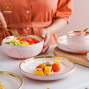 Service de table en céramique marbrée scandinave avec bord doré, assiettes et bols de luxe, esthétique moderne, vaisselle de <span class=keywords><strong>cuisine</strong></span> pour la maison - Product Image 6