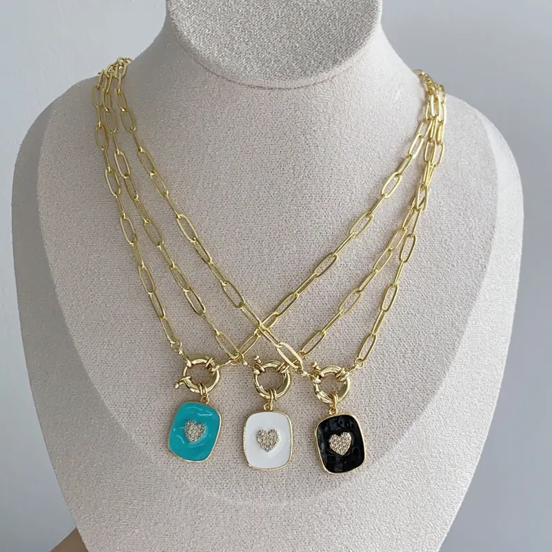 Fashion Square Chain Jewelry Heart Enamel Zircon Sweater Chain Long Necklace