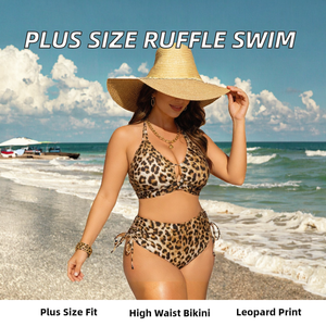 New Plus Size Sexy Leopard <b>Push</b> <b>up</b> Two Piece <b>Bikini</b> Beachwear Ruffle Strap Tank Swimsuit Women High Waist Halter Bandeau - Product Image 2