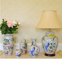 Lampe de table décorative blanche populaire pour hôtel, avec abat-jour en tissu céramique à motif floral et oiseaux, et ampoule à incandescence