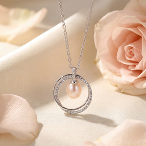 Dainty CZ Hoop Circle Pink Rice Freshwater Pearl Dangle Necklace <b>Silver</b> Plated Copper Jewelry Floating Pearl <b>Choker</b> Women - Product Image 3