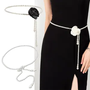 Classic Camellia Rose Waist Chain Elegant Pearl Rhinestone Butterfly Belt Ladies Woman Dresses Suit Decorative Waist Belt