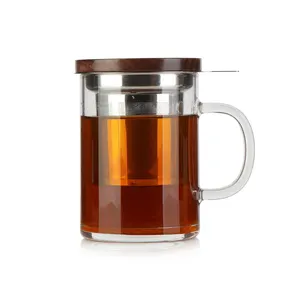 COMI玻璃茶杯可重复使用的茶杯，配有注入器和纯天然核桃盖，450毫升/15盎司，微波炉/洗碗机友好