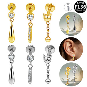 <b>Titanium</b> Cat Head Drop Earring <b>Studs</b> With Crystal For Ear Cartilage Piercing ASTM F136 <b>Titanium</b> Alloy Jewelry - Product Image 1