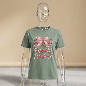 Camiseta informal de cuello redondo para mujer, estampado de cerezas y lazos rosas, manga corta, poliéster/algodón, top de verano - Product Image 1