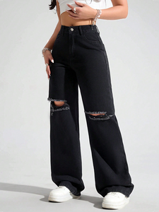 Vente en Gros <span class=keywords><strong>Taille</strong></span> <span class=keywords><strong>Haute</strong></span> Déchiré Droit Denim Déchiré Boyfriend Pantalon Décontracté Polyvalent Jeans Denim Jeans Baggy - Product Image 2