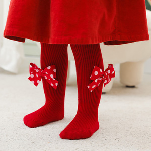 Baby <strong>Girl's</strong> Tight Pantyhose New Year <strong>Christmas</strong> Red Ribbed Bow Style <strong>Girls</strong> Cotton <strong>Tights</strong> - Product Image 2