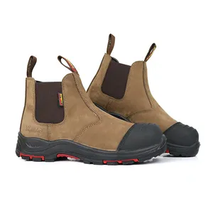 Venta caliente de punta de acero de trabajo de los hombres de botas de cuero genuino deslizamiento en los zapatos de seguridad