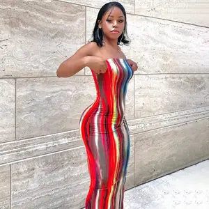 YY1954 Summer Dress Women 2024 Printed Fashion Tie Die Strapless Long Tube Bodycon Maxi Dress Ladies