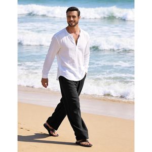 FOXA Linen Cotton Pants Men Wide Leg <b>Elastic</b> Waist Breathable Casual Summer Trousers - Product Image 3