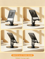 Support de téléphone de bureau en alliage Medal Alloy, rotatif à 360°, avec charnière métallique amortissante, support réglable pour téléphones et tablettes de 4 à 16 pouces