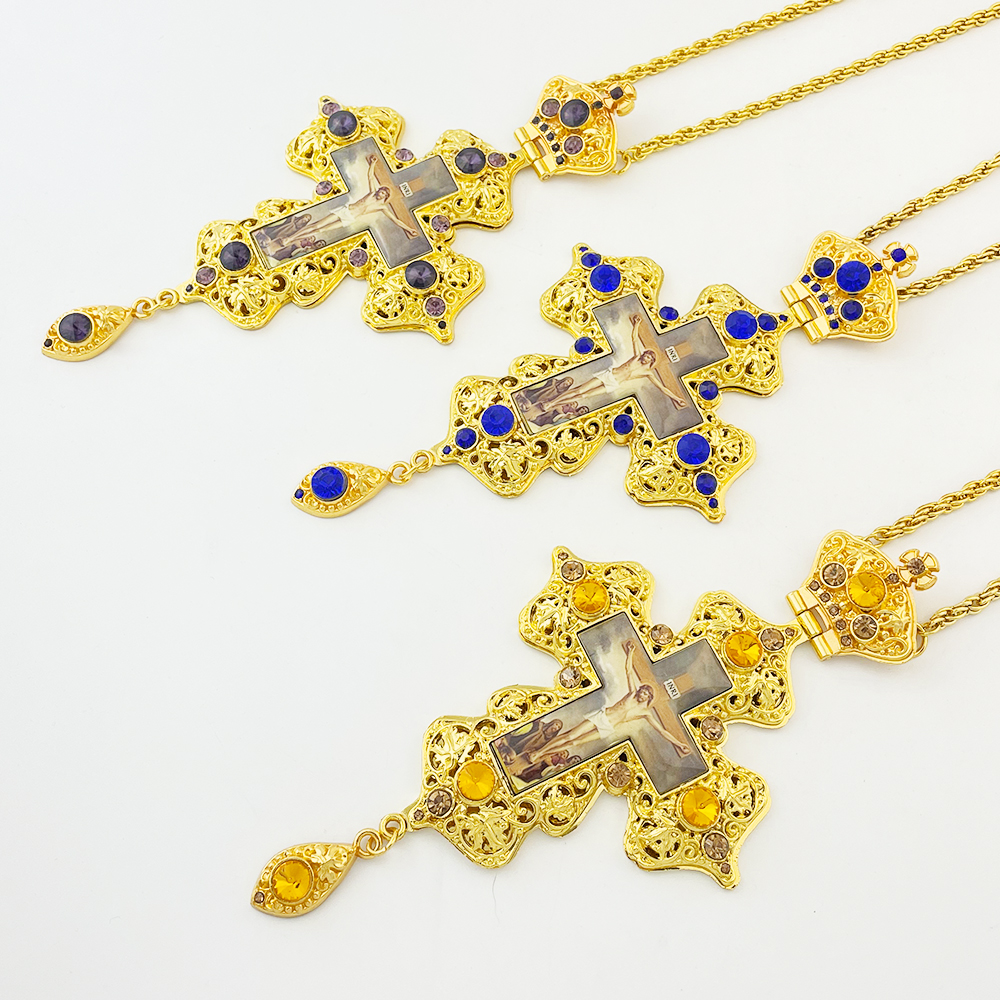 HT Newest Luxury Orthodox Ceremonies Greek Design Jesus Gold Pectoral Cross with Alloy Chain of Spiritual Gift