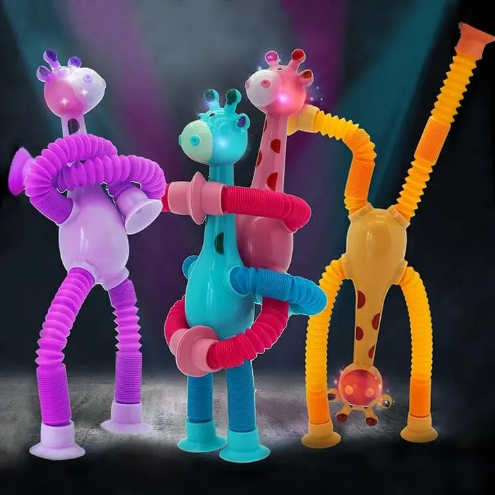 4 Pcs LED Telescopic Suction Cup Giraffe Toy Unique Cute Animal Design Stretchy Suction Cup Toy Giraffe Telescopic Tube Toy