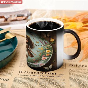 Mug en céramique noir givré 11oz, tasse à sublimation thermosensible avec motif floral de fille, peinture plate 2D - Product Image 5