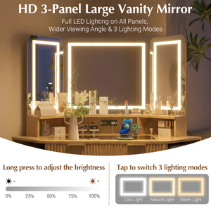 OE.HOME Modern Solid Wood 47.2" Corner Makeup Vanity Desk 3-Way Adjustable Standing Lighted <b>Mirror</b> Tempered Glass Top Charging - Product Image 6