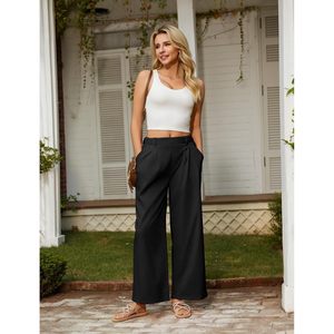 Womens Casual High Waisted <b>Wide</b> <b>Leg</b> Pants <b>Linen</b> Feel Palazzo <b>Trousers</b> With Pockets <b>Black</b> Breathable Fabric Crepe - Product Image 2