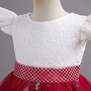 Vestido de Princesa para Niña con Mangas de Encaje, Falda de Tul Roja, Cuello en V, Corte en A, Vestido de Dama de Honor - Product Image 2