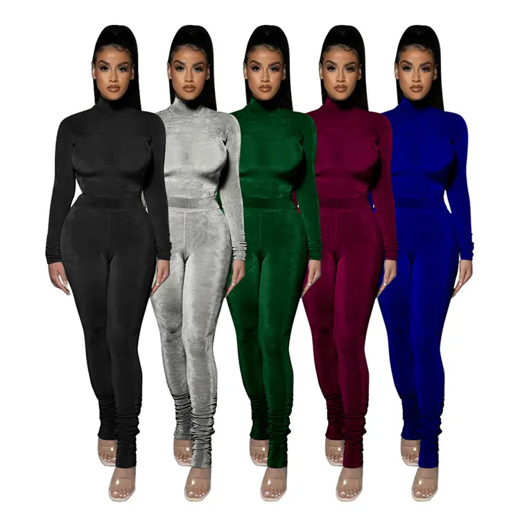 Neue EB-20220505 2022 Trendy Ladies Velvet 2-teilige Outfits Skinny Stacked Pants Herbst Frauen Kleidung zweiteilige Sets