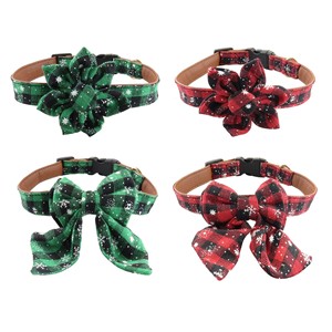 Colliers pour chien à carreaux de Noël avec nœud papillon, boucle réglable pour petits chiens, style hiver, motif rouge et vert - Product Image 1
