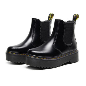 Botas <span class=keywords><strong>Chelsea</strong></span> para Mujer, Parte Superior de Piel de Vacuno, Suela de Tendón de Res, Plataforma con Suela Gruesa, Punta Redonda, Estilo Europeo y Americano para Otoño - Product Image 1