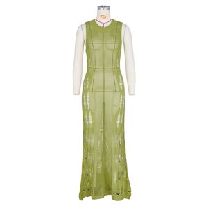 ZHEZHE Hollow Out Mesh Kleid im europäischen amerikanischen Stil Sand Beach Vacation Sexy langer Rock Gestricktes geteiltes Sommerkleid - Product Image 4