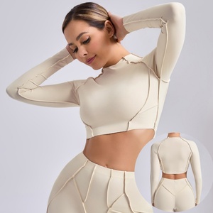 Aoyema abbigliamento sportivo da donna nuovo stile di vendita di moda Soft <span class=keywords><strong>Fitness</strong></span> Skinny Cropped <span class=keywords><strong>Top</strong></span> tinta unita elasticizzato Yoga manica lunga da palestra - Product Image 1