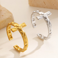 Bague ouverte classique en acier inoxydable 304 plaqué or 18 carats PVD, motif croix religieuse, pour la décoration de bijoux de mode - Vente en gros