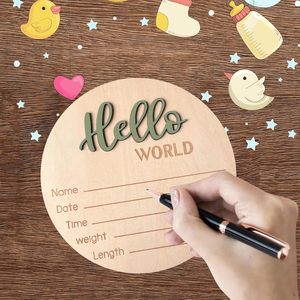 Panneau d'annonce de naissance en bois de 5,9 pouces « Hello World » pour nouveau-nés, idéal pour la fête prénatale, l'hôpital et la crèche, pour garçons et filles - Product Image 1