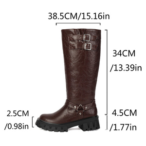 Wholesale Women Low Square <b>Heels</b> Long Knight Boots <b>Round</b> <b>Toe</b> Knee High Booties Metal Belt Buckles Ladies Thick Sole Shoes - Product Image 6