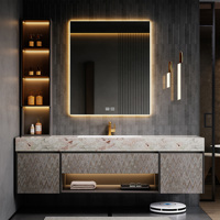 Muebles de Baño Flotantes de Lujo para Hotel, con Encimera de Piedra Sinterizada, Gabinete de Madera Sólida, Espejo LED Inteligente, Lavabo Integrado