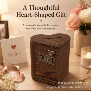 Hucha de madera con forma de corazón, caja de almacenamiento de monedas con cerradura, tarro decorativo para dinero, para habitación de niños, dormitorio, escritorio de oficina - Product Image 5
