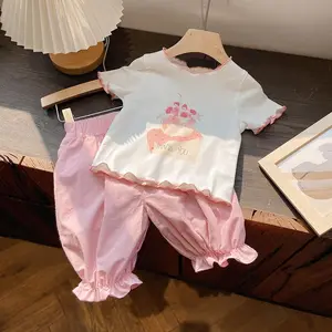 Children's Set Short Sleeve Fashion Summer 2024 New Girls Cartoon Cute Baby Print Pink Two-piece Set