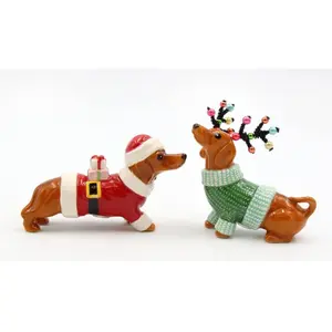 Natale cani bassotto saliera e pepiera, multicolore, 3 3/8 "x 1 5/8" x 3 7/8 "H