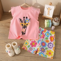 Produsen Logo Kustom 2pcs Set Pakaian Anak Perempuan Musim Panas Katun Lucu Kartun Tanpa Lengan Atasan Tank Top Celana Pendek