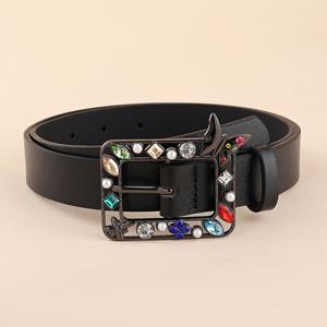 Ceinture PU en cuir de vachette Simple élégante pour femmes longueur réglable coloré strass incrusté boucle en alliage élégant Simple ceinture en PU - Product Image 2