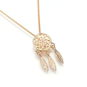 Fashion Women Bohemian Jewelry Gold Plated Hollow Out Dream Catcher Net Feather Tassels Metal Alloy Pendant Necklace