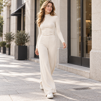 Ensemble décontracté personnalisé pour femme, en maille côtelée, col montant, manches longues, pantalon large à taille élastique, ensemble deux pièces minimaliste