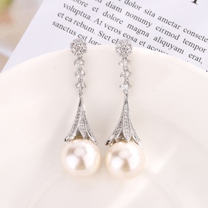 Dainty Eco-friendly Copper Wedding Tassel Pendant <b>Earrings</b> <b>Set</b> Cubic Zirconia 16-14MM Grey Shell Pearl Bridal Jewelry <b>Set</b> - Product Image 4