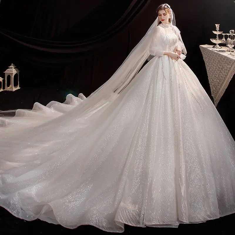 Vestido de noiva de princesa, vestido de noiva elegante, de renda, luxuoso
