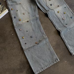 High Quality Customized Manufacturer Vintage Acid Wash <b>Cargo</b> Rhinestone Unisex Pants Baggy Denim Jeans Men OEM Serviced - Product Image 3