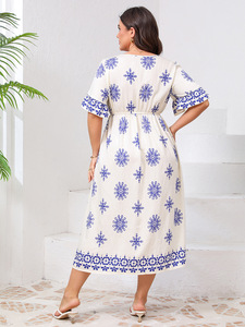 <b>Plus</b> <b>Size</b> V-neck Dress with Bell Sleeves and Fashionable Printed Elasticated Waist Maxi Skirt - Product Image 5