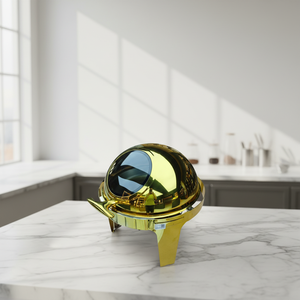 Pratico Set Scaldavivande <span class=keywords><strong>da</strong></span> Buffet <span class=keywords><strong>da</strong></span> 6 Litri in Acciaio Inossidabile Dorato con Coperchio in Vetro Trasparente Rotondo per Feste - Product Image 6