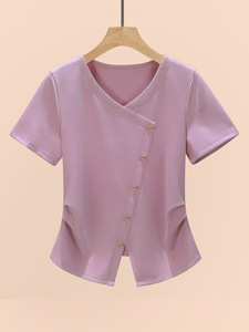 เสื้อยืดแขนสั้นทรงไหล่ตก คอวีไขว้ สีพื้น ชายเสื้อไม่สมมาตร แฟชั่นสำหรับผู้หญิง - Product Image 5