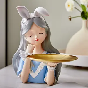 Nordic home decoration Alice girl resin sculpture tray decoration bow girl figurine candy key storage tray