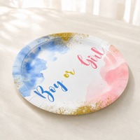 Assiettes en papier pour garçon ou fille, bleu rose aquarelle, avec des pois dorés, assiettes rondes jetables pour fête de révélation du sexe